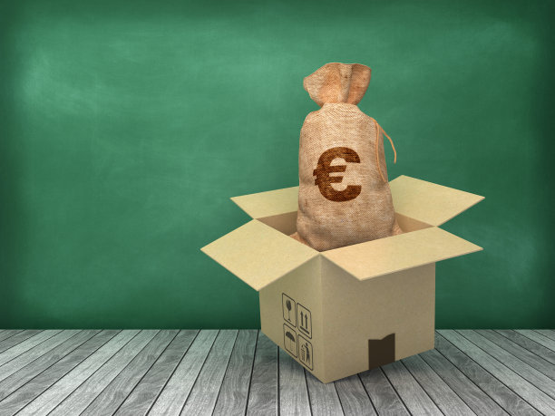 硬纸盒与欧元钱袋在木地板上-黑板背景- 3D渲染图片下载