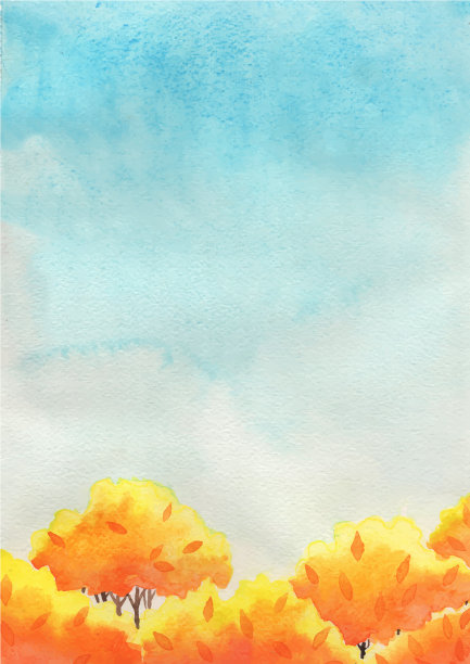 公园里的黄色秋树与蓝色的天空水彩手绘背景。素材图片