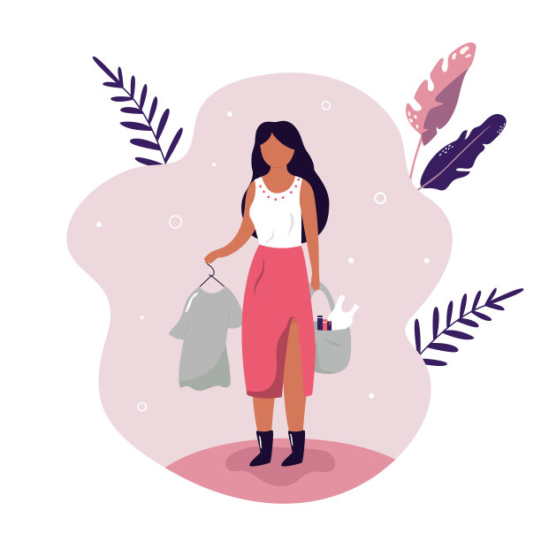 拿着捐赠袋和t恤的年轻女子。平面设计图片下载