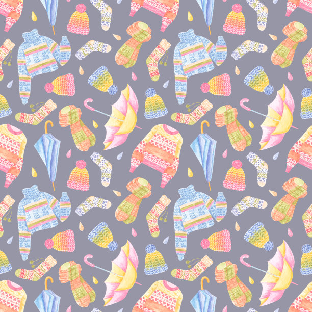 水彩图案与舒适的秋天元素，如伞，袜子，毛衣等。为聚会，秋季节日或感恩节收集元素。图片下载