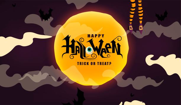 万圣节快乐手写文字与夜晚的月亮，云彩和蝙蝠纹理背景。适合贺卡，万圣节派对邀请，横幅，明信片，海报模板。素材图片