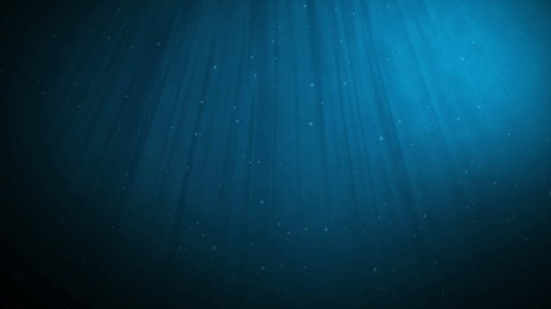 水下深蓝清澈的海洋，美丽的灯光反射幕和气泡动画3D渲染图片下载