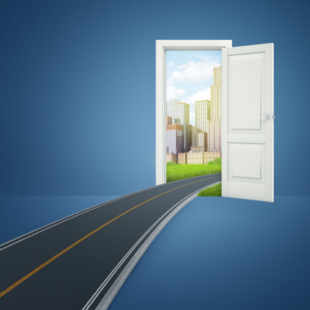 一扇门的3d渲染，它打开了一个美丽的现代城市，一条柏油路从城市内部的房间。图片下载