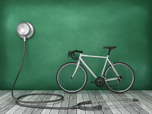 听诊器与自行车黑板背景- 3D渲染图片下载