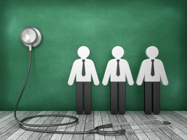 听诊器与象形图商务人士在黑板背景- 3D渲染图片下载