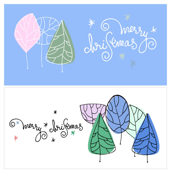 两张圣诞贺卡。优雅的手写字母和程式化的冬季树木图片下载