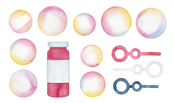 水彩插图包肥皂泡沫，小粉红瓶子和魔杖分类。象征夏日玩具，沐浴时光，狂欢，泡泡派对。手绘水彩画在白色的背景。图片下载
