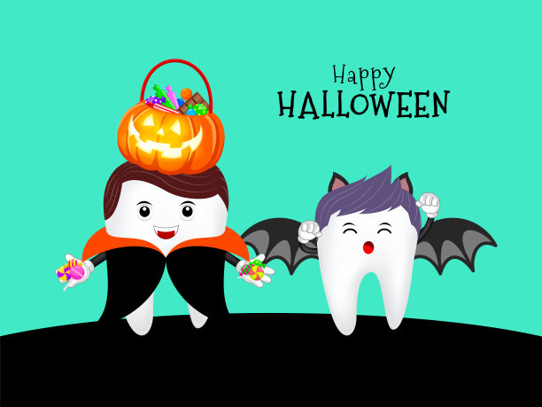 家庭可爱的卡通牙齿人物德古拉和蝙蝠。图片下载
