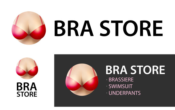 文胸店图标孤立在白色。乳房标志与红色乳罩，女性乳房在隆起的插图。图片下载