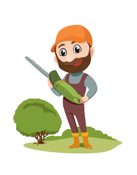 善良的园丁，退休老人拿着电动剪刀在花园里剪灌木。矢量平面人物图片下载