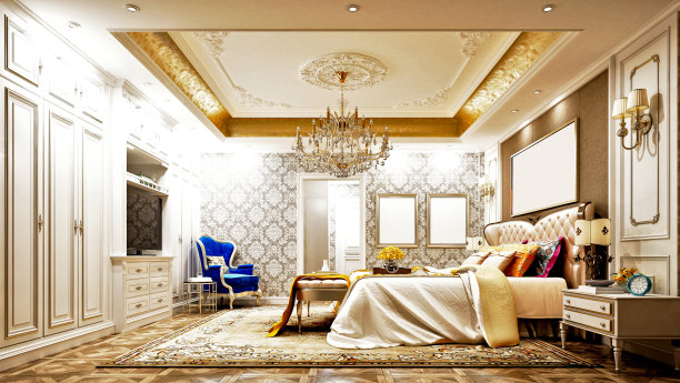 经典设计酒店房间的3D渲染图片下载