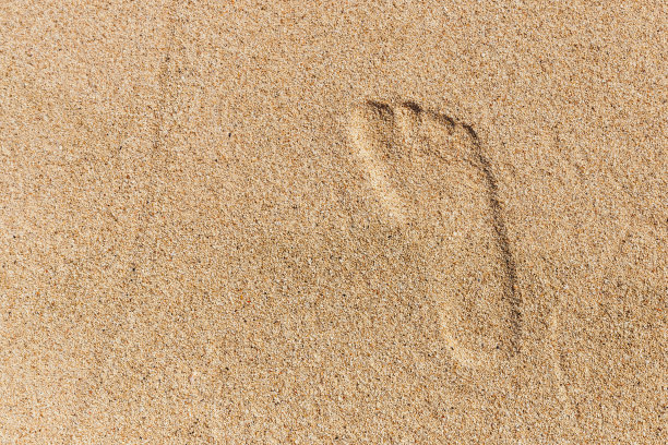 黄沙上的右脚印。俯视图图片下载