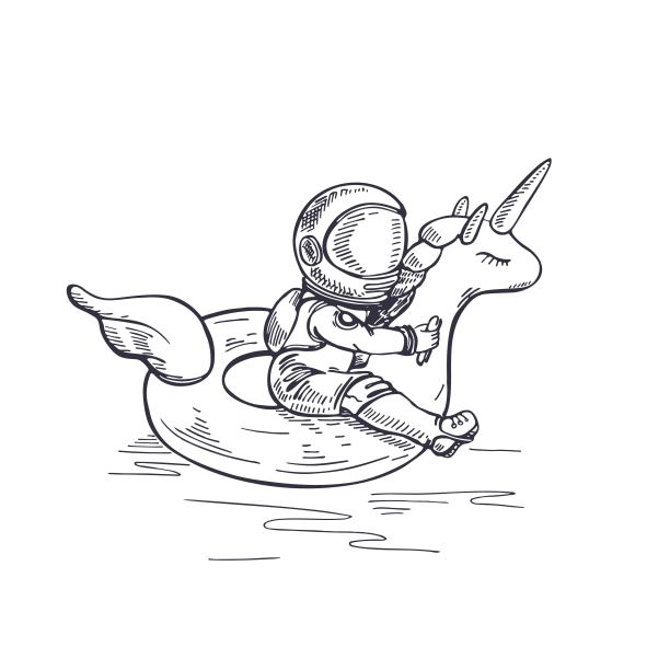 宇航员在太空中绕着独角兽游一圈。关于天文学主题的插图。图片下载