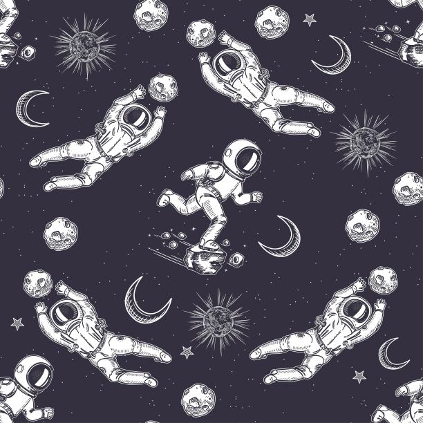 宇航员们踢足球。无缝模式。天文学。足球运动员跑去接球。图片下载