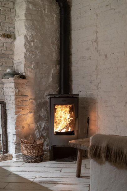 垂直照片的木材火炉壁炉与金属体和玻璃门在舒适的房子与舒适的室内。柳条篮子与柴火靠近烟囱与火图片下载