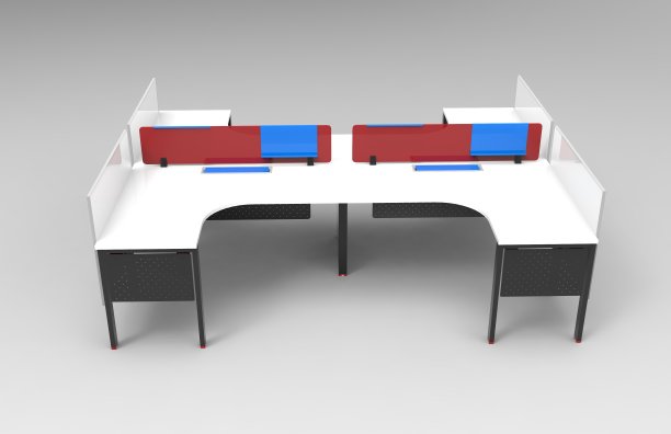 开放空间的办公室内部，白色和玻璃与电脑办公桌的3d渲染图片下载
