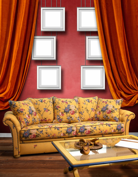 现代室内沙发与纹理红色墙图片下载