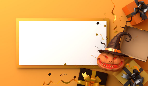 礼盒，五彩纸屑，带女巫帽的微笑南瓜头杰克灯和橘色背景空板。万圣节庆祝日设计创意概念。图片下载
