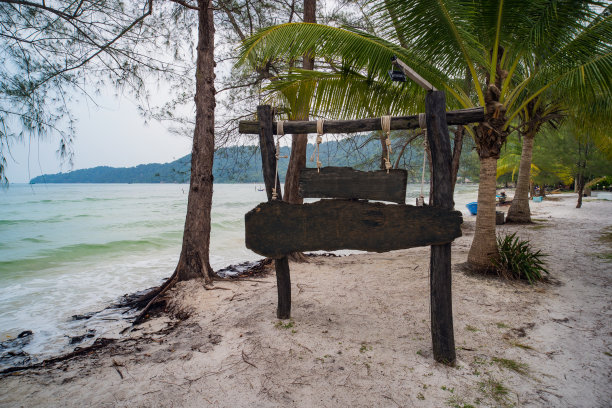 沙滩上有棕榈树的木制牌匾。空间的文本。为文本设置为空。销售和广告概念。旅游的背景图片。图片下载