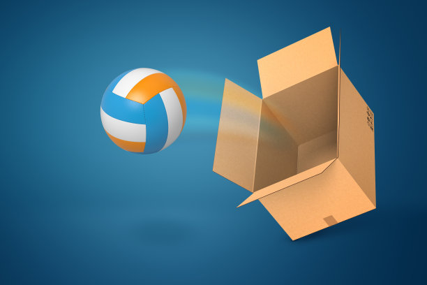 3d渲染的白蓝黄排球飞出纸箱在蓝色的背景图片下载