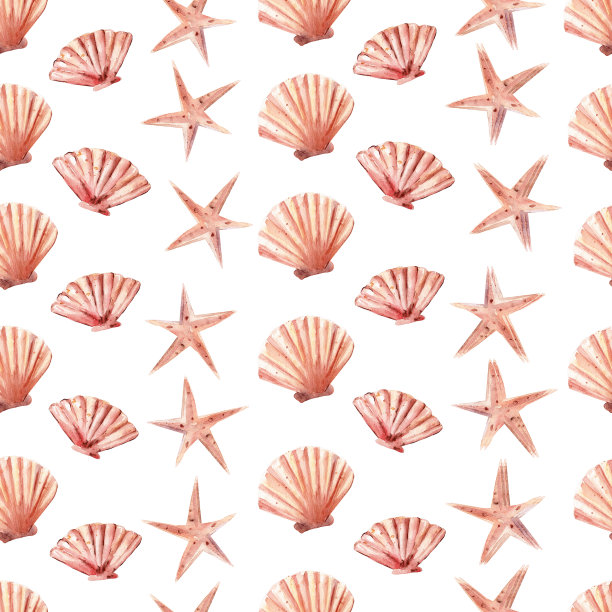 热带海贝和海星无缝水彩光栅图案图片下载