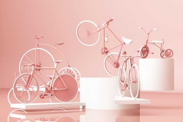 站台上有许多粉色背景的自行车。复古的自行车。三维渲染图片下载