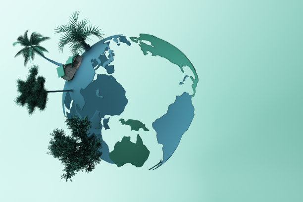 在绿色柔和的背景下，星球在和平中五彩缤纷。三维渲染图片下载