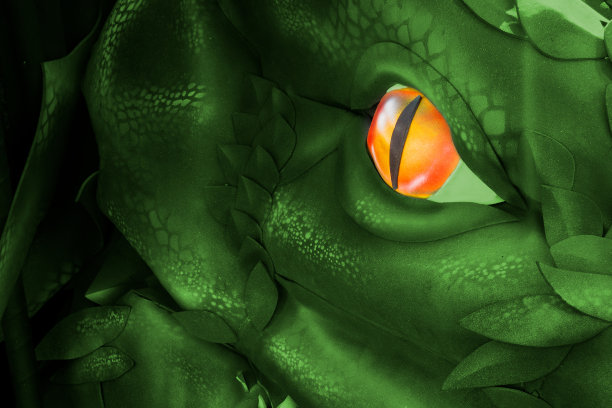 龙眼特写图像。红色橙色火眼和绿色爬行动物皮肤宏。神奇神奇的生物可视化图片下载