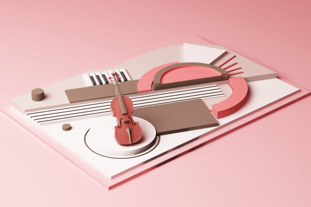 小提琴和乐器的概念，几何形状平台的抽象组成，粉色调。三维渲染图片下载