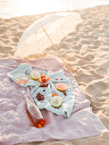 美丽的夏日海滩野餐。图片下载