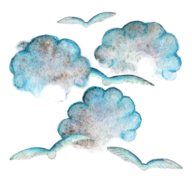 一套简单的水彩青云和小鸟。在白色背景上隔离图片下载