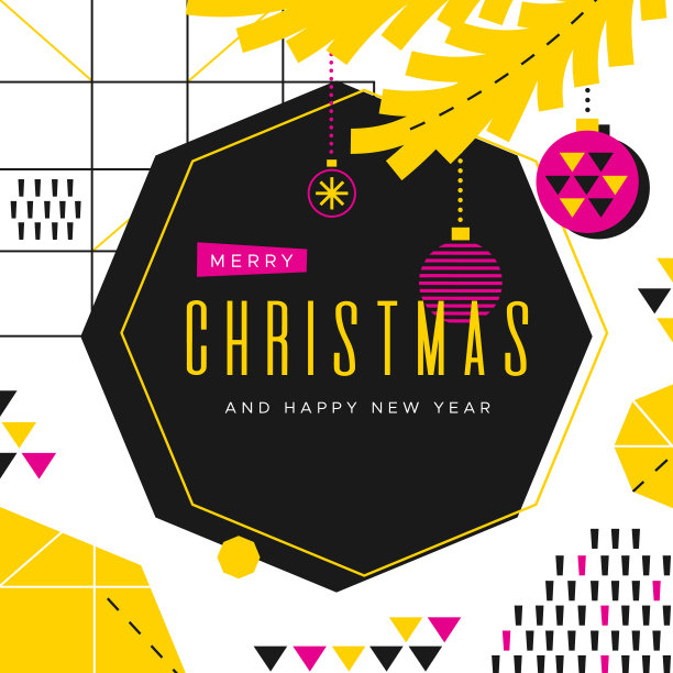 80年代风格的圣诞卡，上面有球和冷杉树枝图片下载