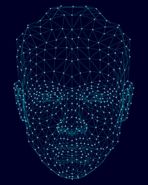 一个人的脸线框，由蓝色的线在黑暗的背景与发光的灯。前视图。数字识别。矢量插图。图片下载