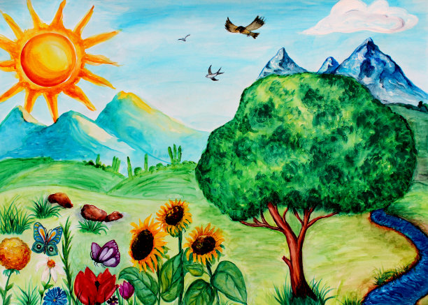 水彩画夏季风景，水彩画自然背景，手绘风景素材图片