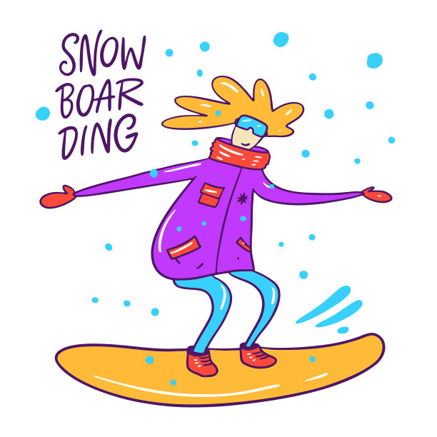 冬季运动和娱乐。滑雪板平面矢量插图和字母。可爱的女孩在滑雪板人物卡通风格。图片下载