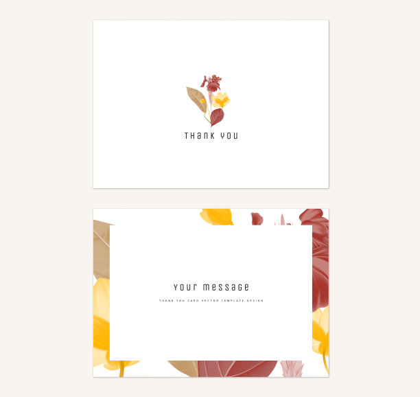 花感谢卡模板设计，花束在黄色，红色和棕色调上的白色图片下载