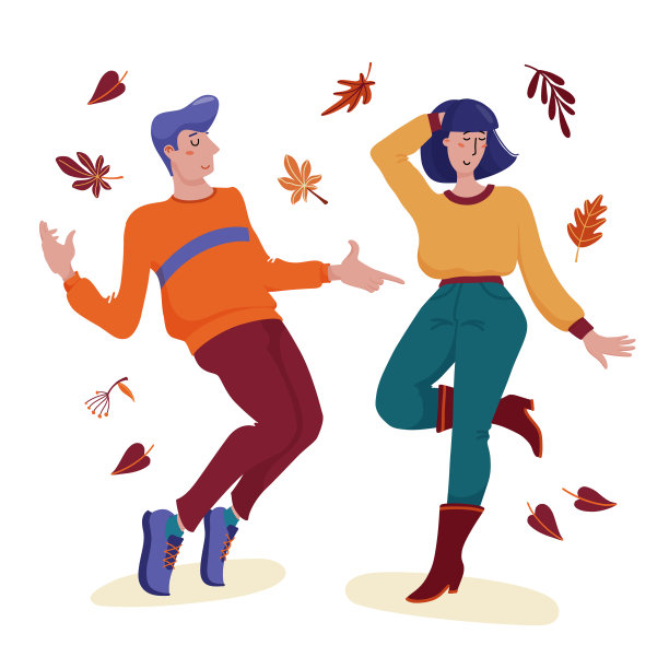 年轻的男人和女人愉快地一起在秋天的叶子下跳舞，平面风格矢量插图孤立在白色的背景。年轻的夫妇，男人和女人一起欣赏舞蹈图片下载