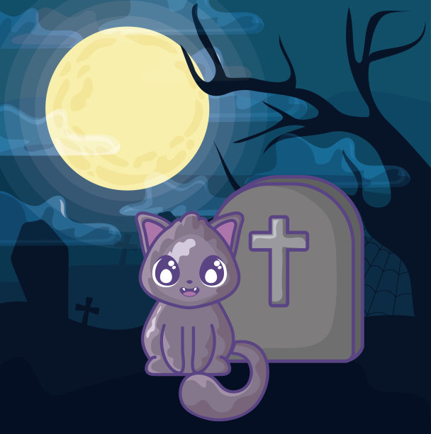 可爱的猫与墓地墓碑在万圣节的场景图片下载