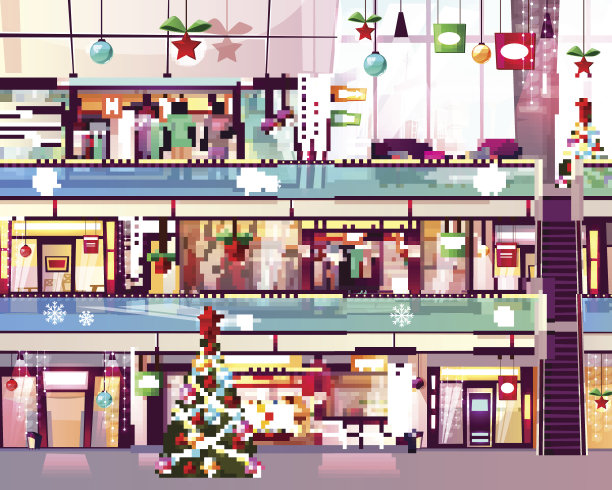 圣诞商场商店自动扶梯矢量插图图片下载