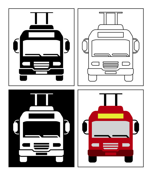 无轨电车符号以象形文字、黑白、线条图标和平面图标的形式呈现。图片下载