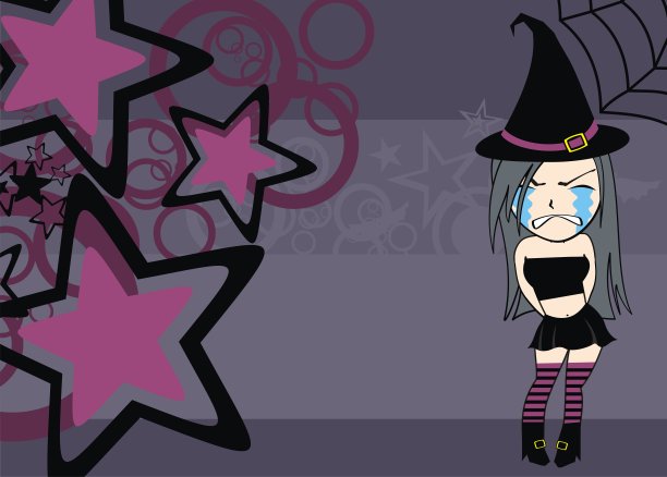 漂亮的哭泣女巫女孩卡哇伊卡通表情万圣节背景图片下载