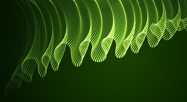 波浪的流动粒子在黑暗抽象矢量魔术背景，平滑弯曲形状的点透明薄纱纺织上的风。3d形状点混合网格，放松墙纸。图片下载