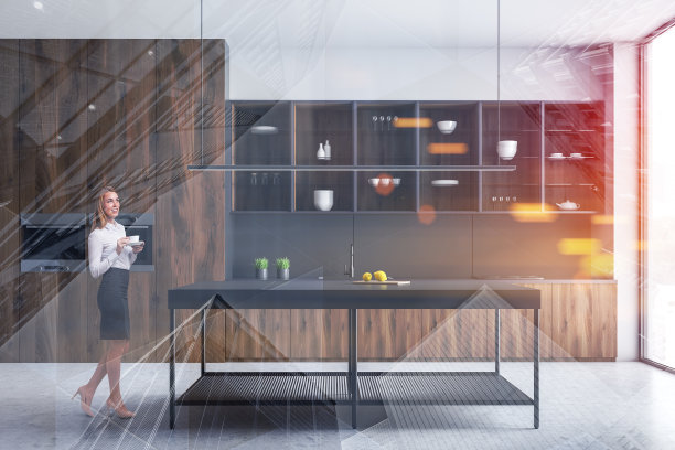 女人和岛在木制厨房里图片下载