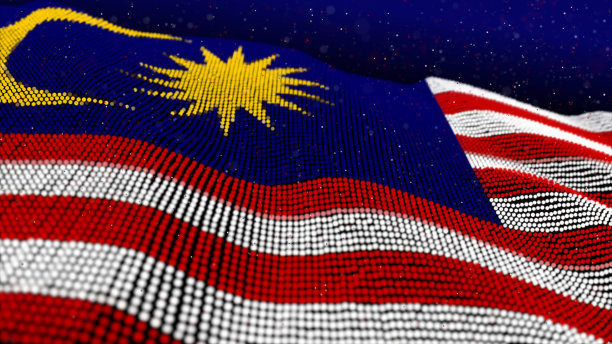 3D插图抽象发光粒子波浪表面与马来西亚国旗纹理8K图片下载