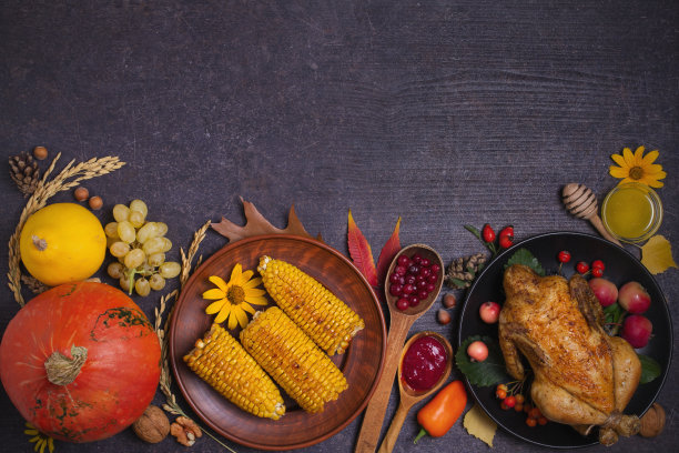 鸡肉或火鸡，秋季水果和蔬菜。感恩节食品的概念。收获或感恩节背景图片下载
