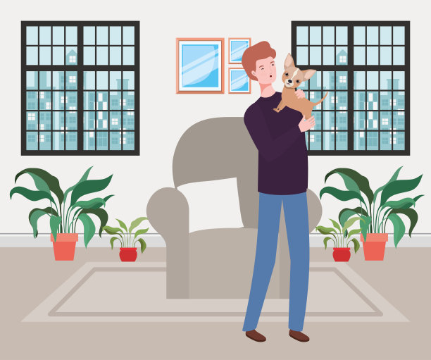 客厅里有个带着可爱狗吉祥物的年轻人图片下载