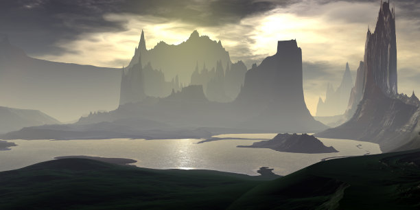 外星人的星球。山和湖。三维渲染图片下载
