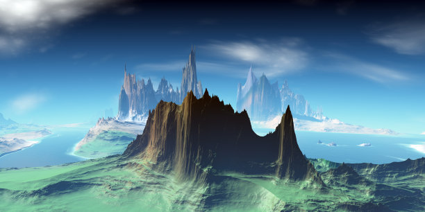 外星人的星球。山和湖。三维渲染图片下载