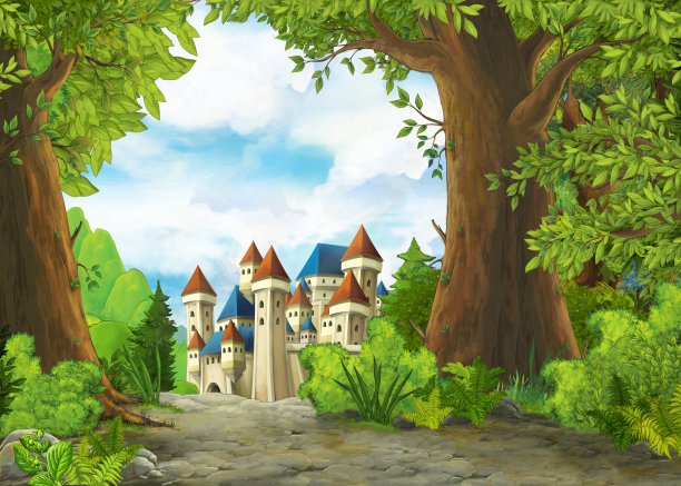 卡通自然景观与美丽的城堡图片下载