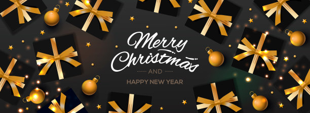 圣诞横横幅，标题为网站。假日背景，设计与现实的礼盒，装饰品，和金球。新年礼物俯视图。图片下载